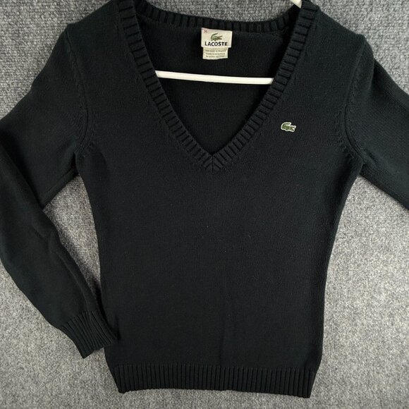 Lacoste Size 36 Pullover V Neck Sweater Cotton Knit Croc Logo Dark Blue Casual - Picture 1 of 12